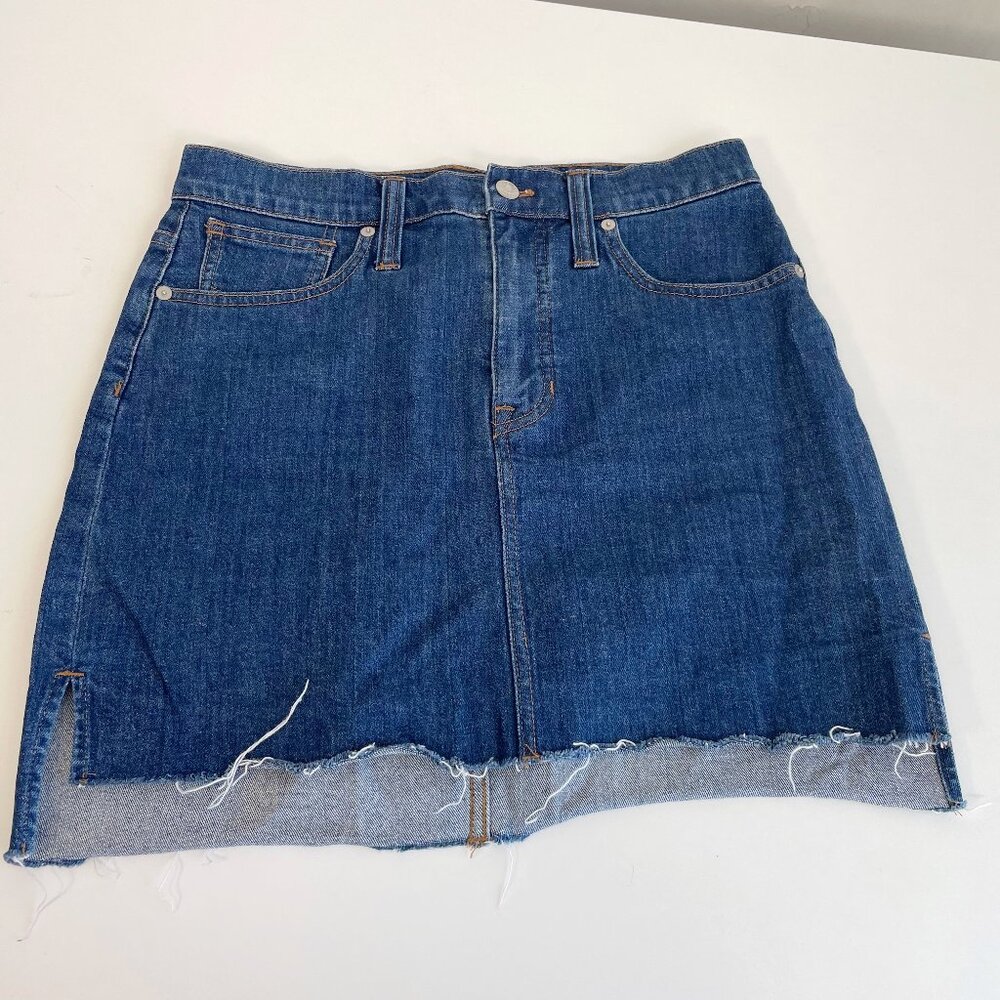 Madewell Stretch Denim Straight Mini Skirt Blue Womens 27 Raw‎ Hem Front Slit